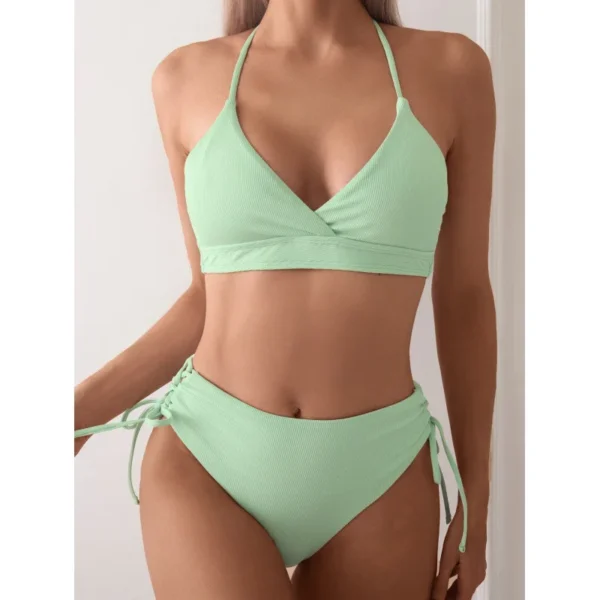 Bikini côtelé à bas lacé vert clair – photo 3