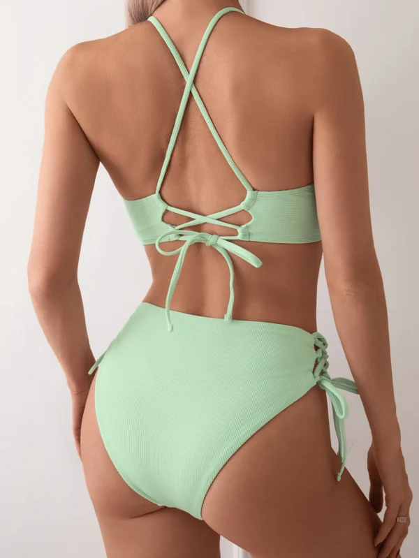 Bikini côtelé à bas lacé vert clair – photo 4