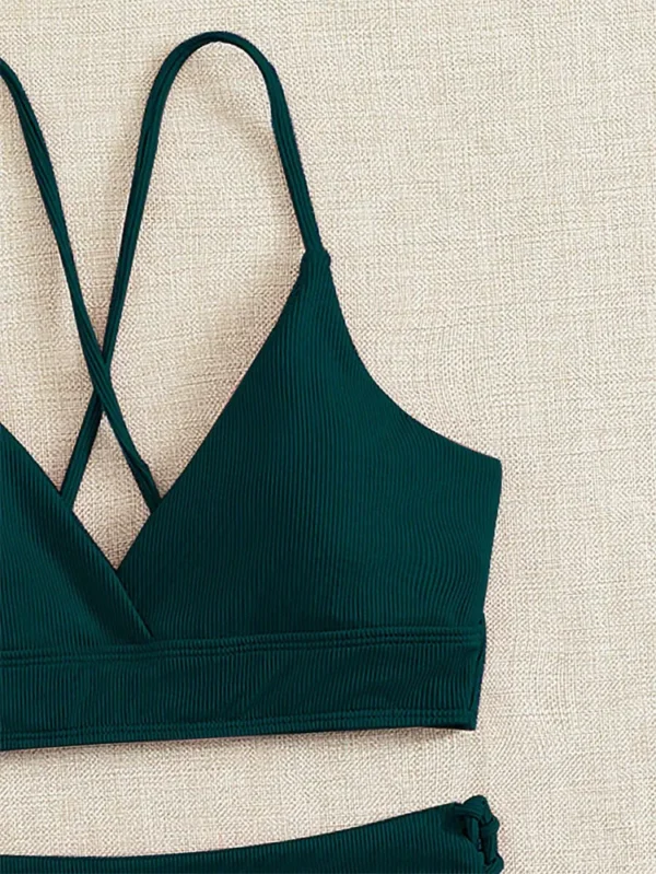 Bikini côtelé à bas lacé vert foncé – photo 3
