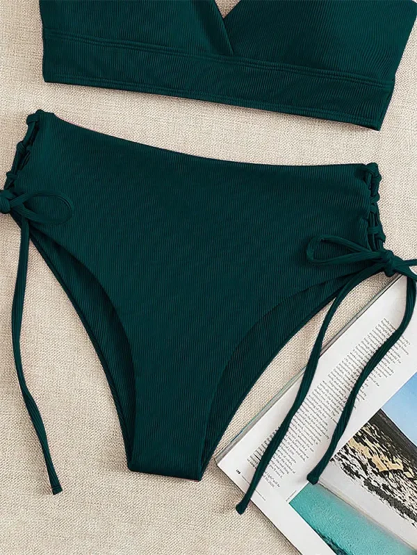Bikini côtelé à bas lacé vert foncé – photo 4