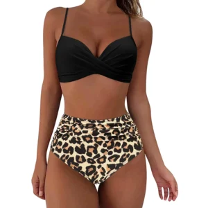 Maillot de bain gainant 2 pièces noir et léopard