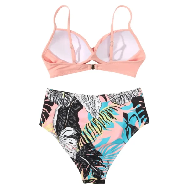 Maillot de bain gainant 2 pièces taille haute rose et imprimé tropical – photo 3