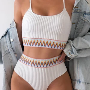 Maillot de bain gainant 2 pièces taille haute blanc à motifs
