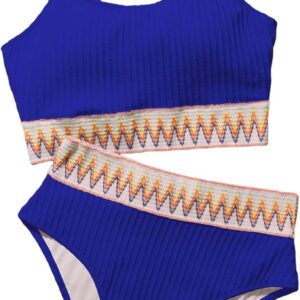 Maillot de bain gainant 2 pièces taille haute bleu à motifs