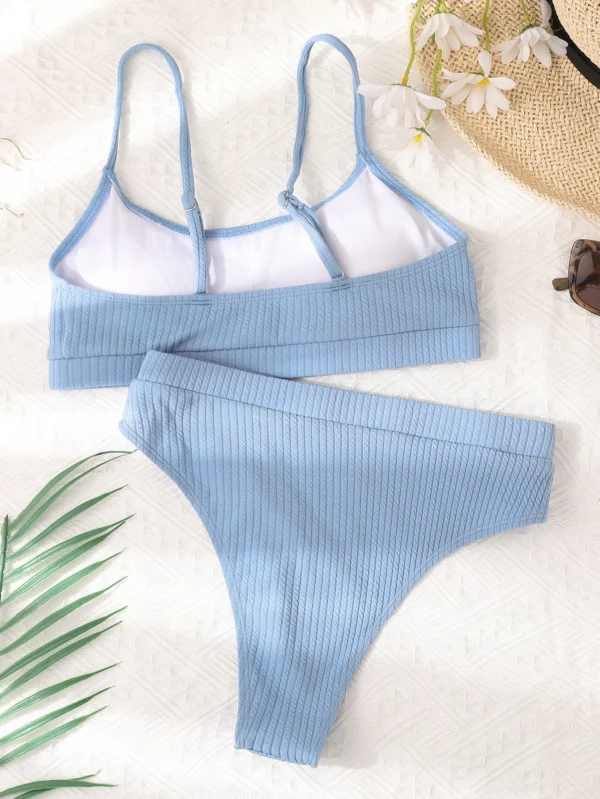 Maillot de bain 2 pièces taille haute côtelé bleu clair – photo 3