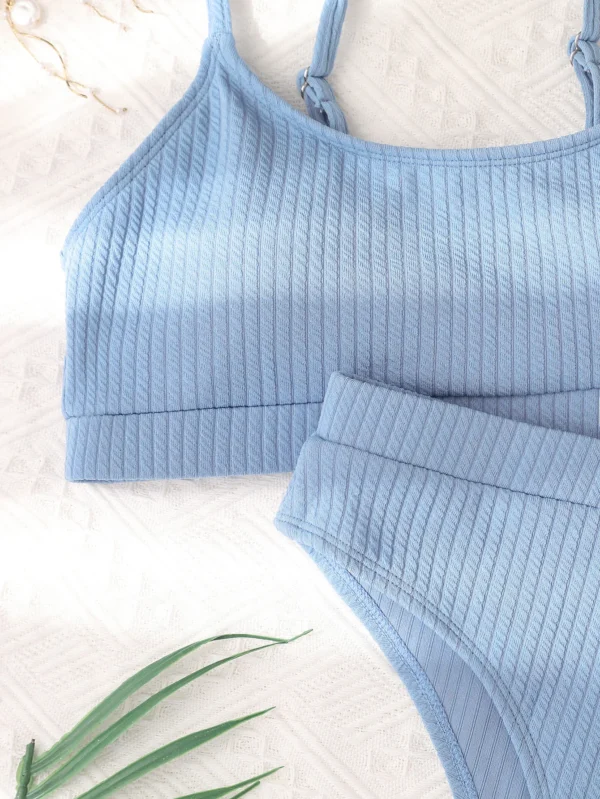 Maillot de bain 2 pièces taille haute côtelé bleu clair – photo 2