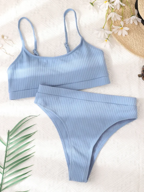Maillot de bain 2 pièces taille haute côtelé bleu clair – photo 4