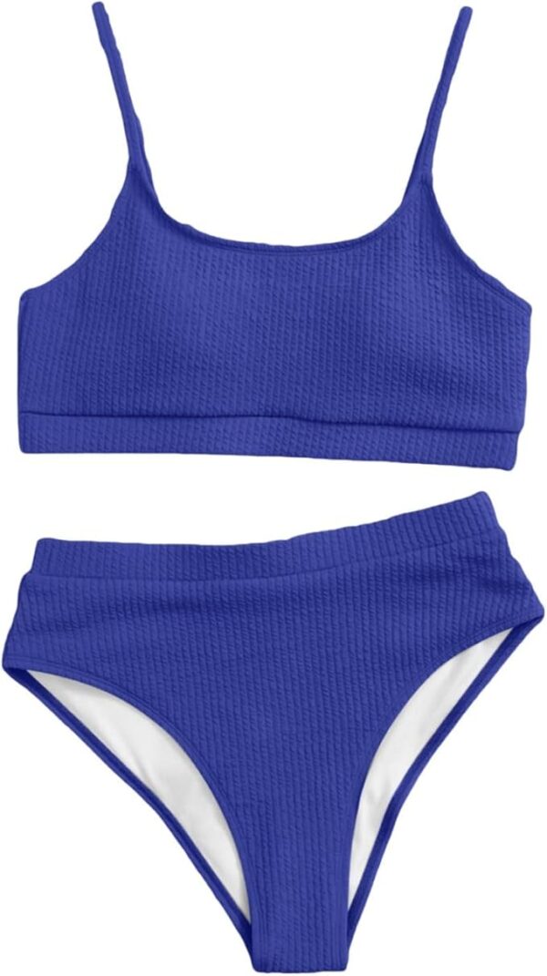 Maillot de bain 2 pièces taille haute côtelé bleu foncé – photo 2