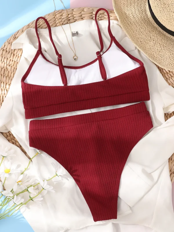 Maillot de bain 2 pièces taille haute côtelé bordeaux – photo 3