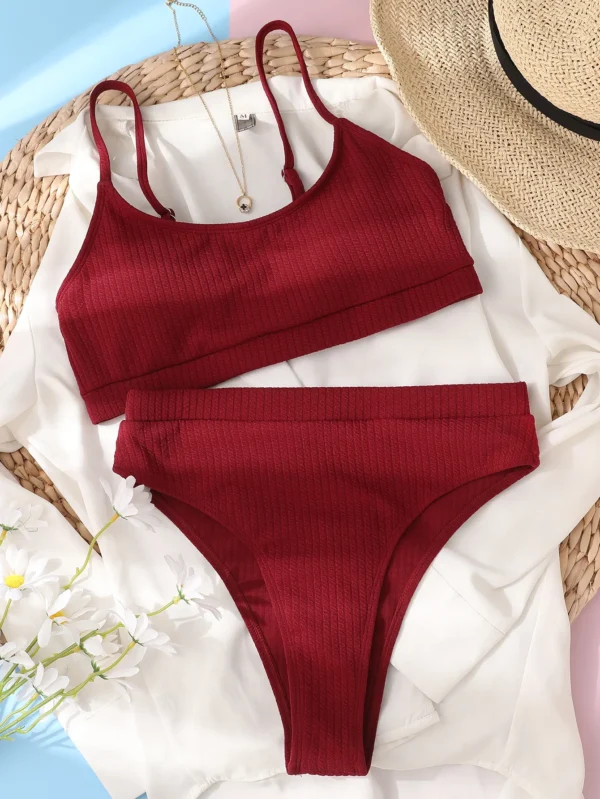 Maillot de bain 2 pièces taille haute côtelé bordeaux – photo 4