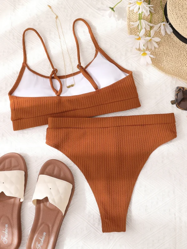 Maillot de bain 2 pièces taille haute côtelé caramel – photo 3