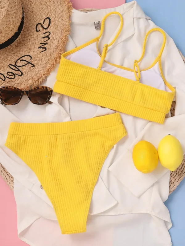 Maillot de bain 2 pièces taille haute côtelé jaune – photo 3