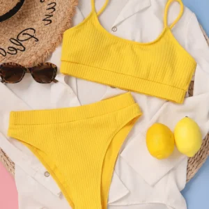 Maillot de bain gainant 2 pièces taille haute jaune