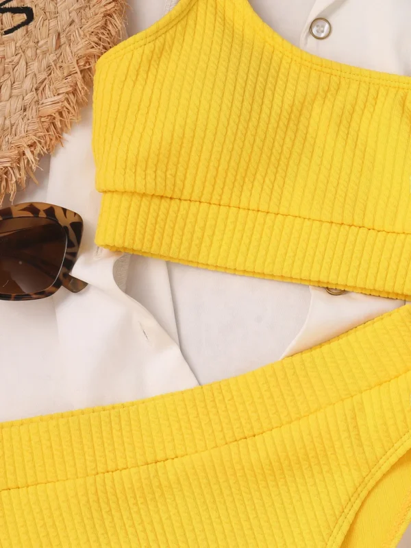 Maillot de bain 2 pièces taille haute côtelé jaune – photo 4