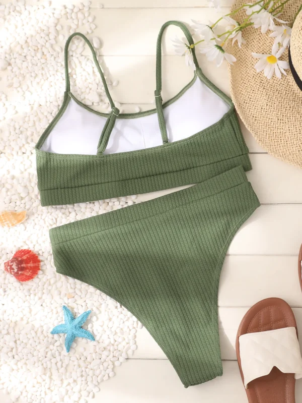 Maillot de bain 2 pièces taille haute côtelé kaki – photo 3