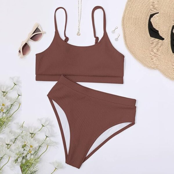 Maillot de bain 2 pièces taille haute côtelé marron – photo 3