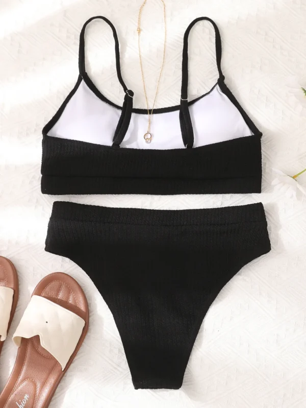 Maillot de bain 2 pièces taille haute côtelé noir – photo 3