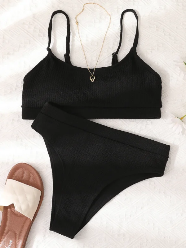 Maillot de bain 2 pièces taille haute côtelé noir – photo 4