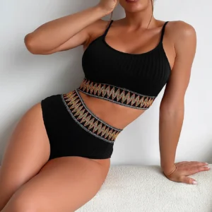 Maillot de bain gainant 2 pièces taille haute noir à motifs