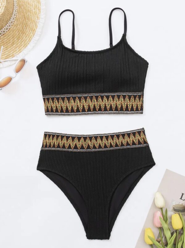 Maillot de bain 2 pièces taille haute côtelé zigzag noir – photo 5