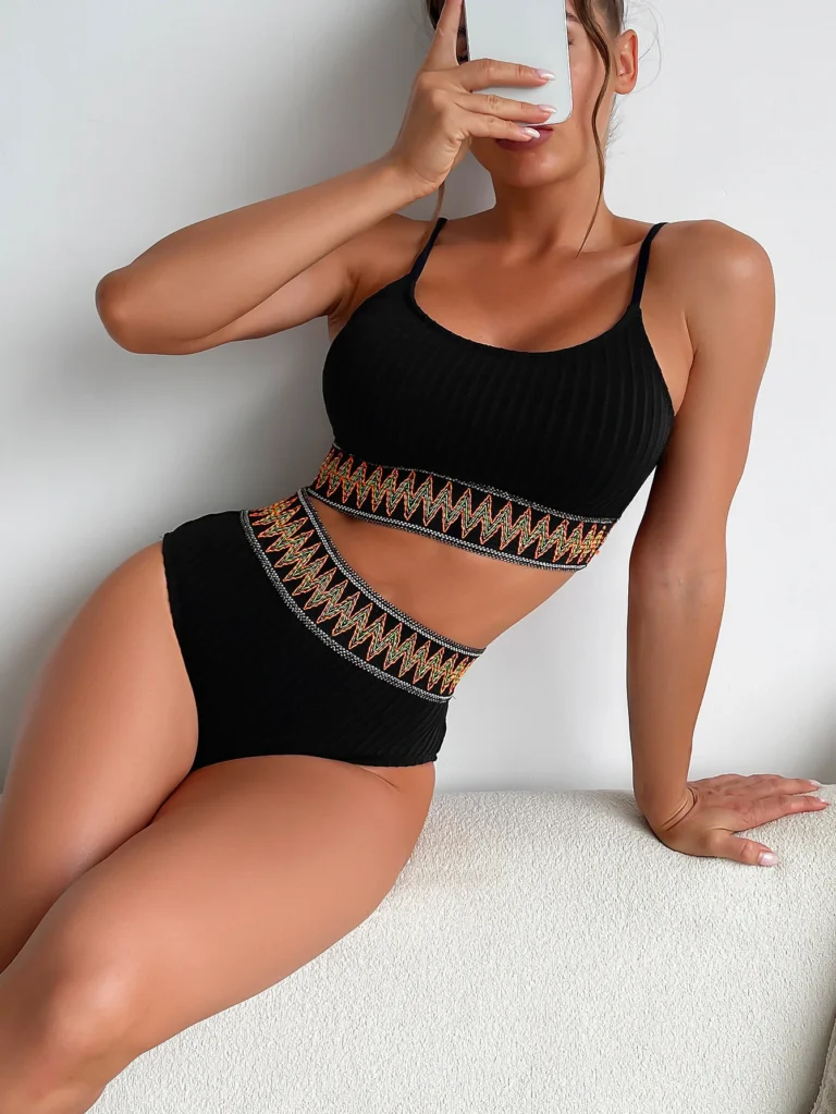 Maillot de bain gainant 2 pièces taille haute noir à motifs