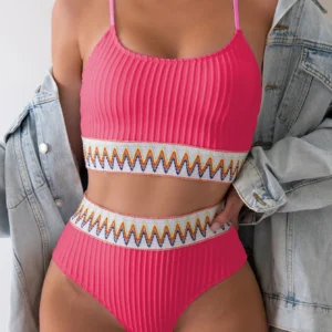 Maillot de bain gainant 2 pièces taille haute rose à motifs