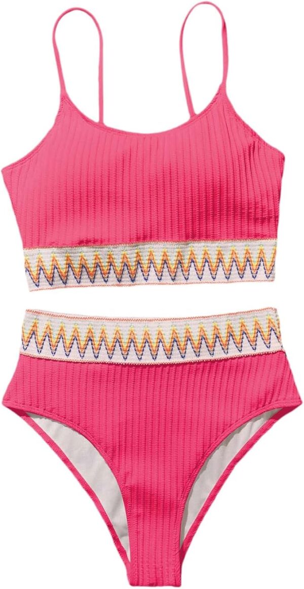 Maillot de bain 2 pièces taille haute côtelé zigzag rose – photo 3