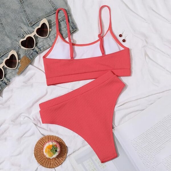 Maillot de bain 2 pièces taille haute côtelé rouge – photo 2