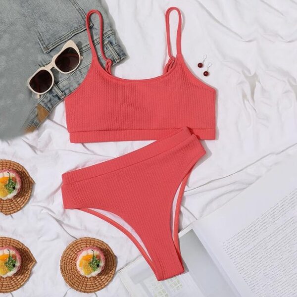 Maillot de bain 2 pièces taille haute côtelé rouge – photo 3