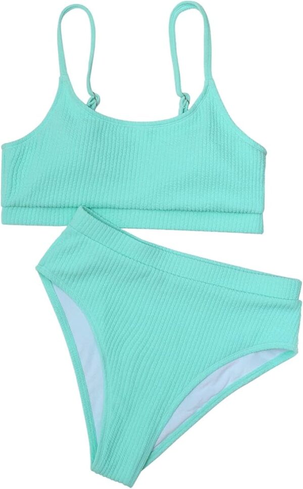 Maillot de bain 2 pièces taille haute côtelé vert menthe – photo 3