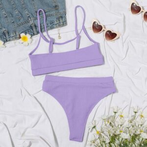 Maillot de bain gainant 2 pièces taille haute violet à motifs