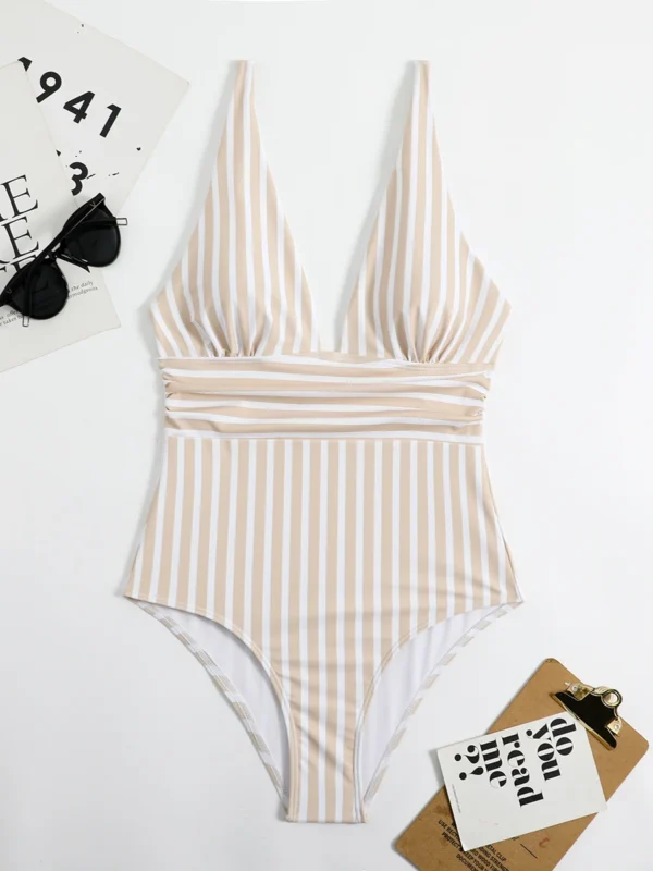 Maillot de bain une pièce col V rayé beige et blanc – photo 3