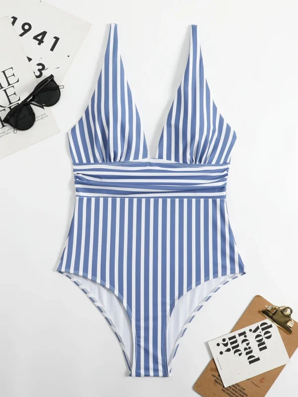 Maillot de bain une pièce col V rayé bleu et blanc – photo 3
