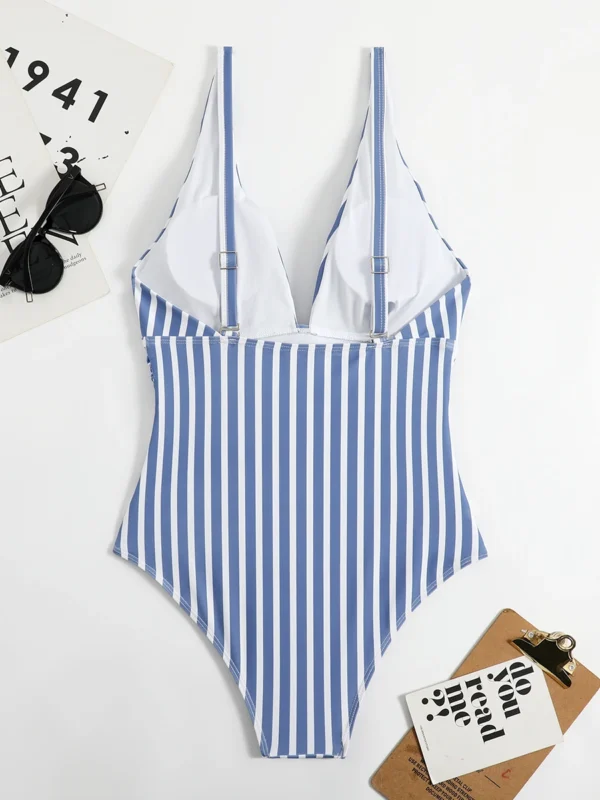 Maillot de bain une pièce col V rayé bleu et blanc – photo 4