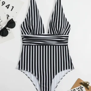 Maillot de bain gainant bustier à bandes noires et blanches