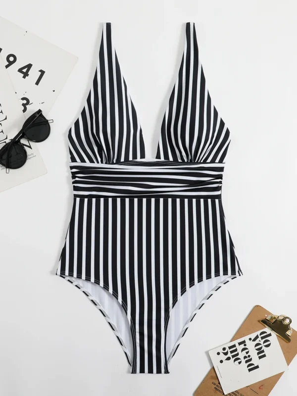Maillot de bain une pièce col V rayé noir et blanc – photo 2