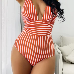 Maillot de bain gainant bustier à bandes rouges et blanches