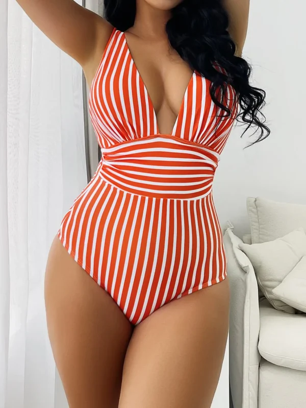 Maillot de bain une pièce col V rayé rouge et blanc