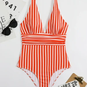 Maillot de bain gainant bustier à bandes rouges et blanches