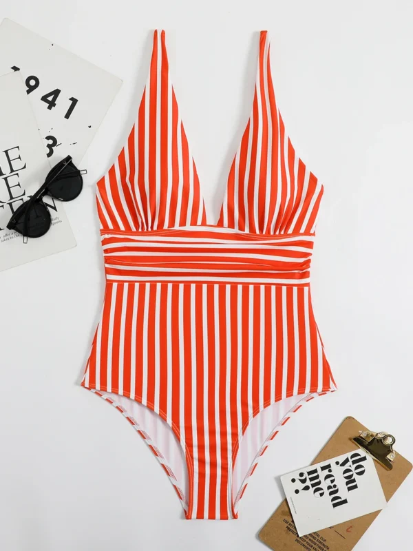 Maillot de bain une pièce col V rayé rouge et blanc – photo 2