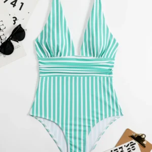 Maillot de bain gainant bustier à bandes vertes et blanches