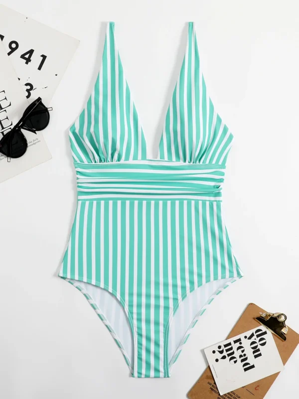 Maillot de bain une pièce col V rayé vert d'eau et blanc – photo 2