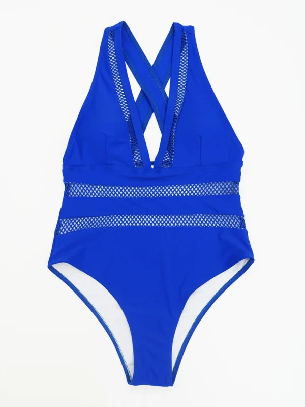 Maillot de bain une pièce col V à résille bleu – photo 3