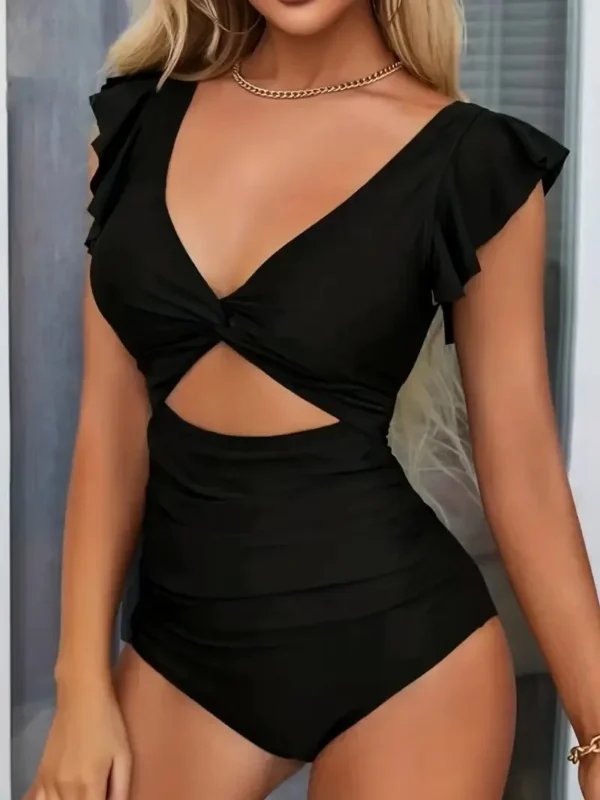 Maillot de bain une pièce à manches volantées noir – photo 2