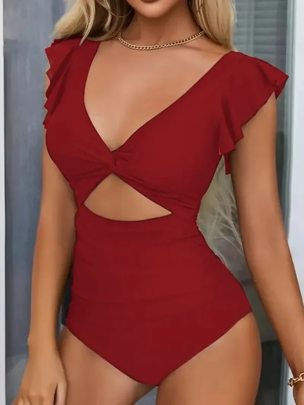 Maillot de bain une pièce à manches volantées rouge – photo 3