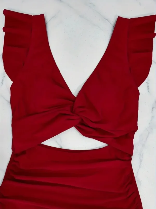 Maillot de bain une pièce à manches volantées rouge – photo 5
