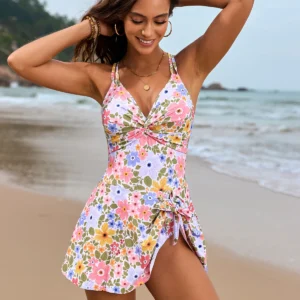 Maillot de bain gainant jupette à fleurs clair