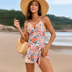 Maillot de bain gainant jupette à fleurs foncé