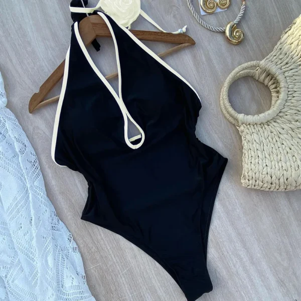 Maillot de bain une pièce dos nu noir à fleur blanche – photo 3