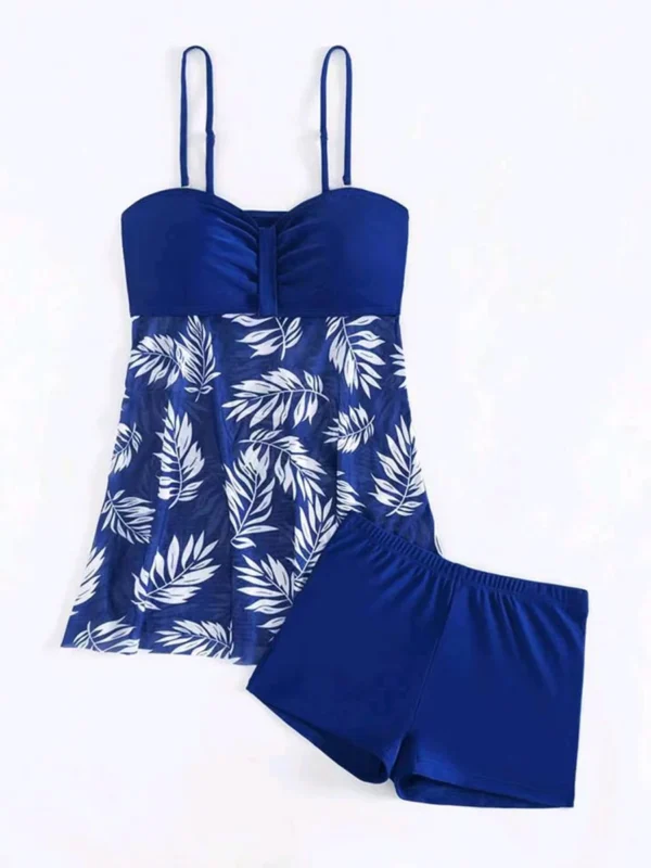 Maillot de bain jupette tankini bleu à feuilles – photo 5